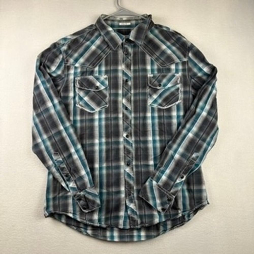 BKE Mens XL Slim Fit Teal Grey Plaid Long Sleeve Pearl Snap Western Shirt